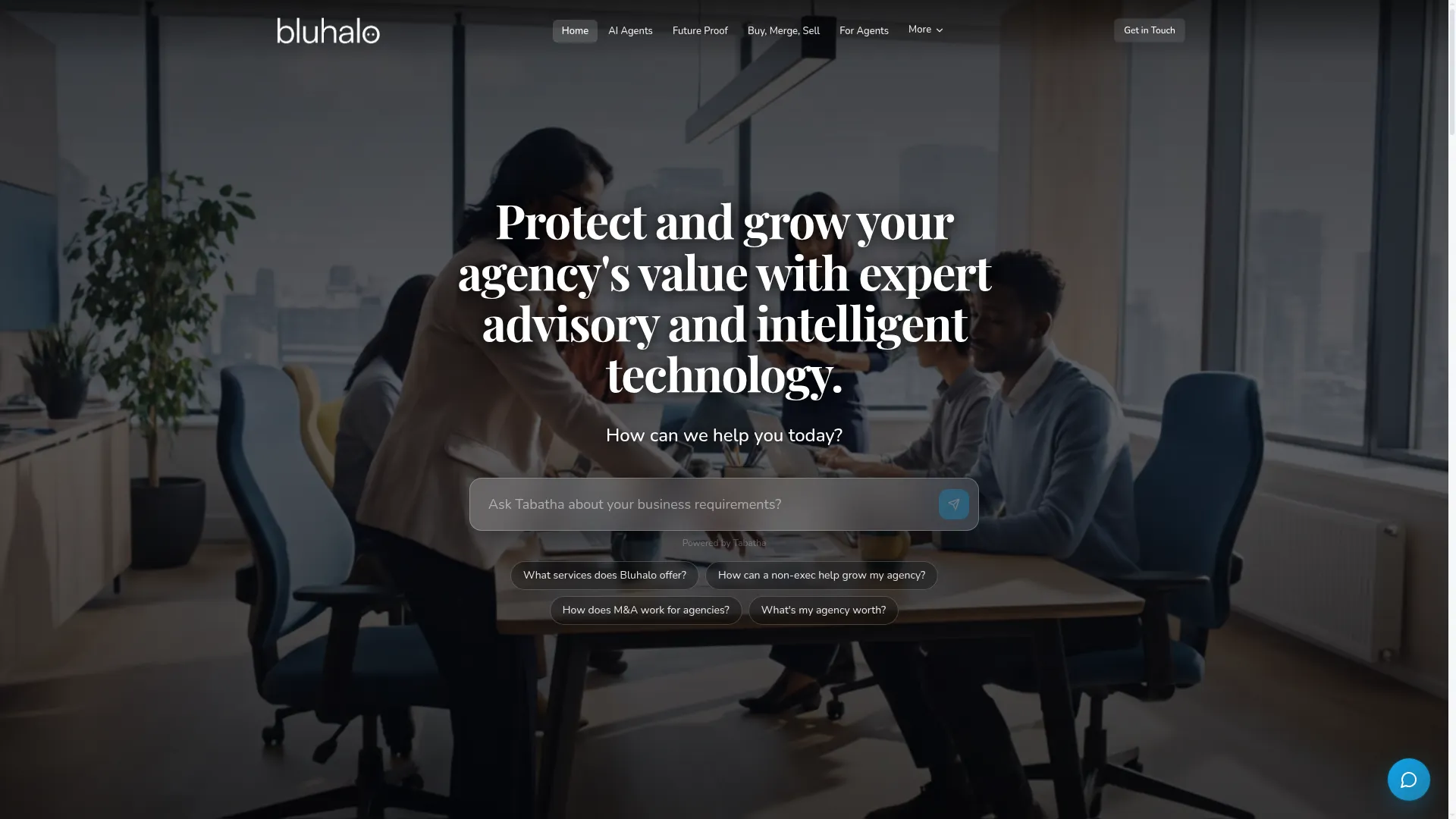 Bluhalo advisory and technology firm homepage featuring a built-in AI assistant chat widget answering a visitor's service question