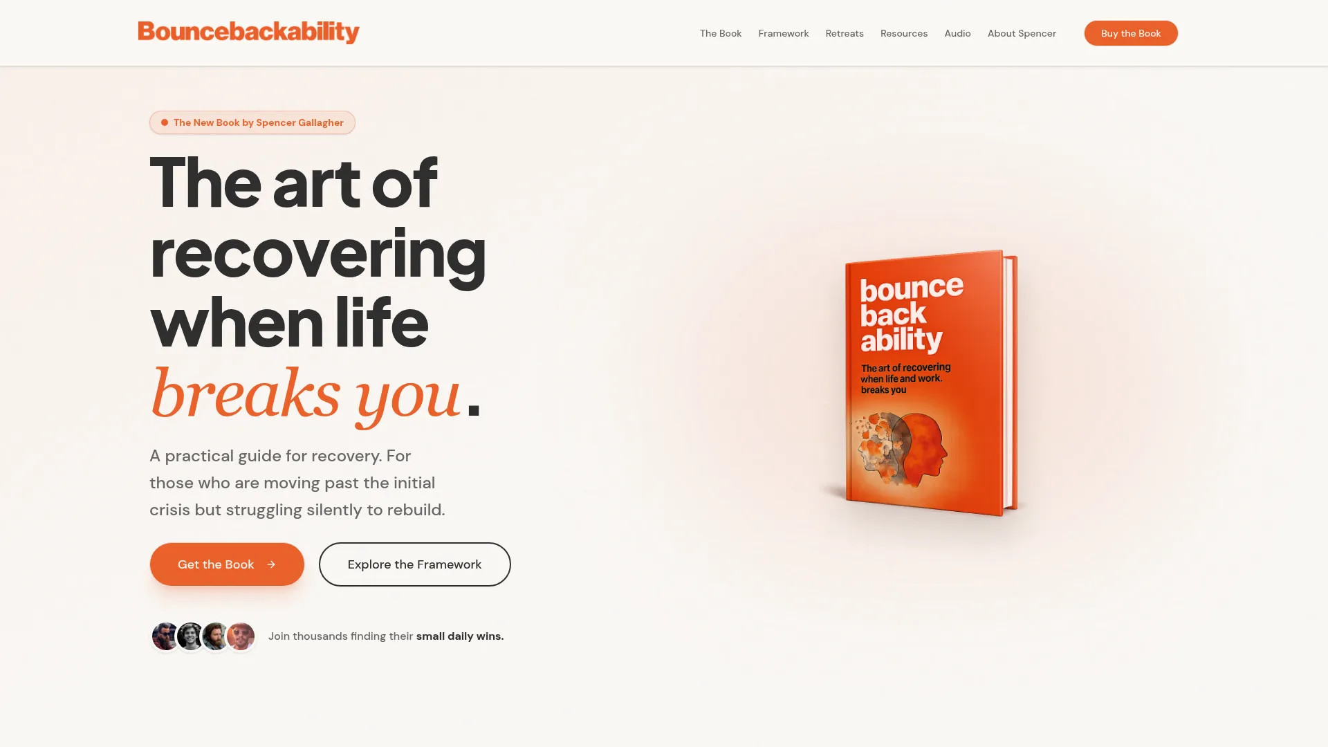 Bouncebackability book launch site showing the recovery framework, retreat listings, resources and a buy-the-book call to action