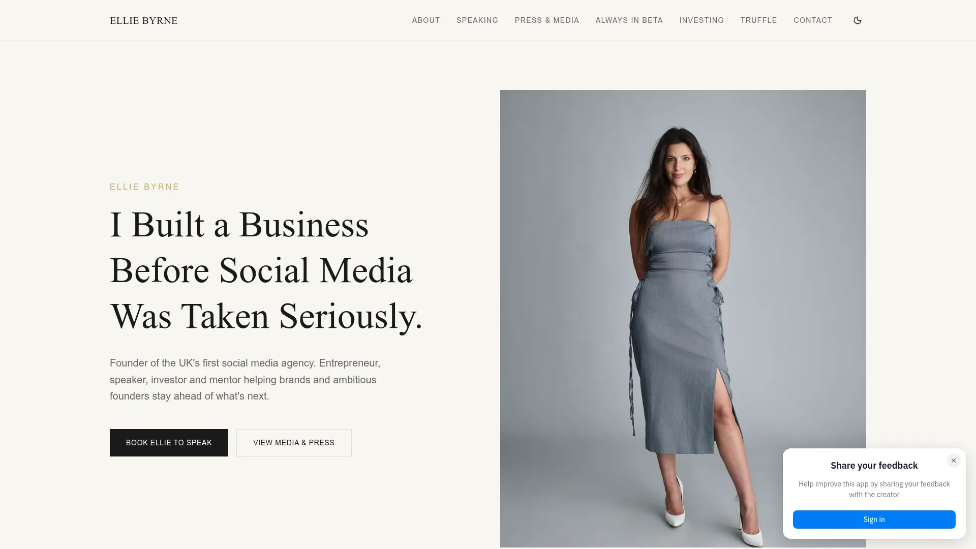 Ellie Byrne personal-brand website showing press coverage, speaking enquiry details and an investment portfolio overview