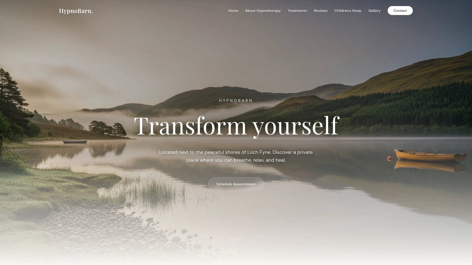 HypnoBarn clinical hypnotherapy practice website showing treatment guides, client reviews and an online appointment booking form