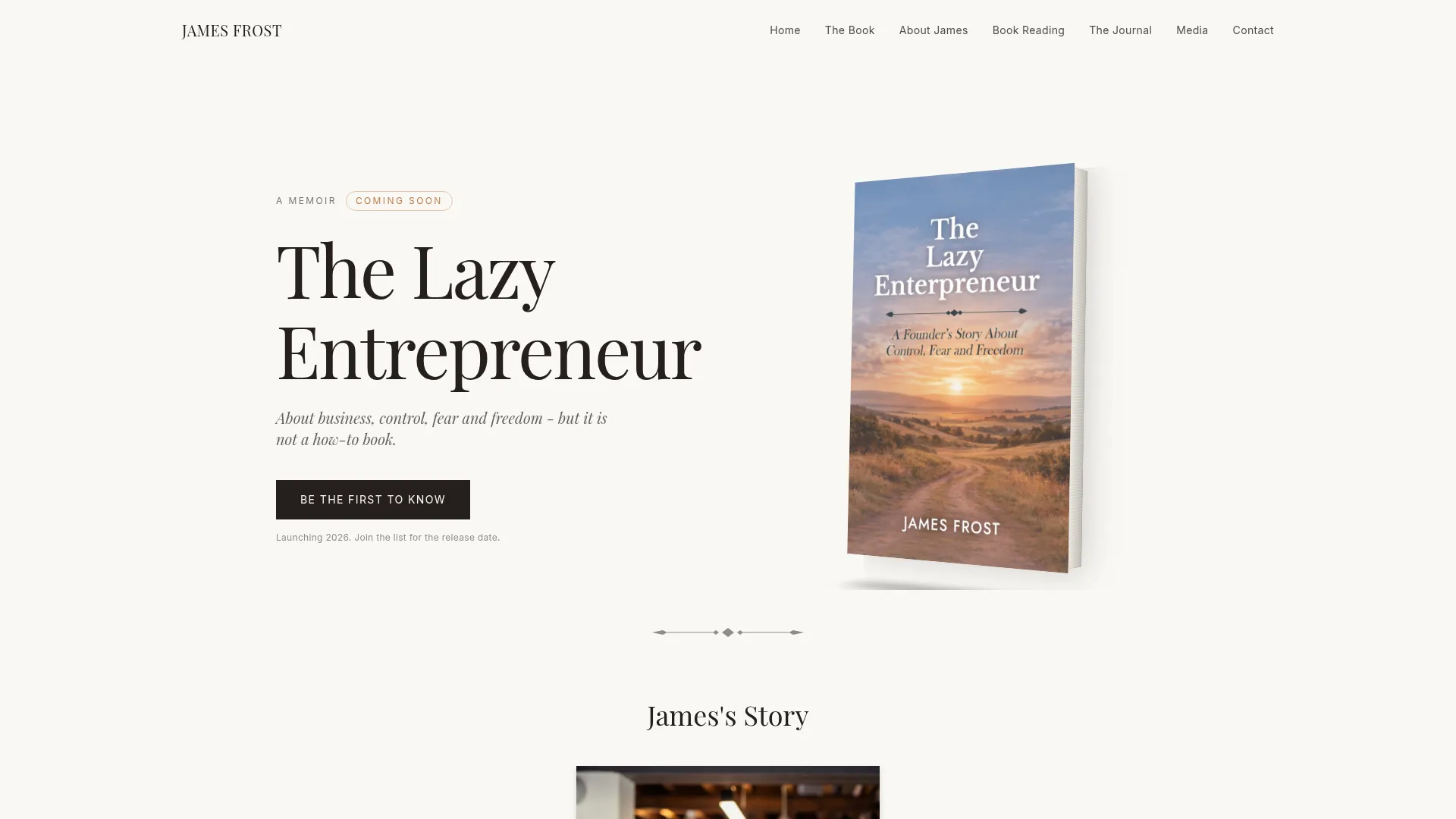 Homepage of The Lazy Entrepreneur book launch site showing the cover, author introduction and a call to action to read an excerpt